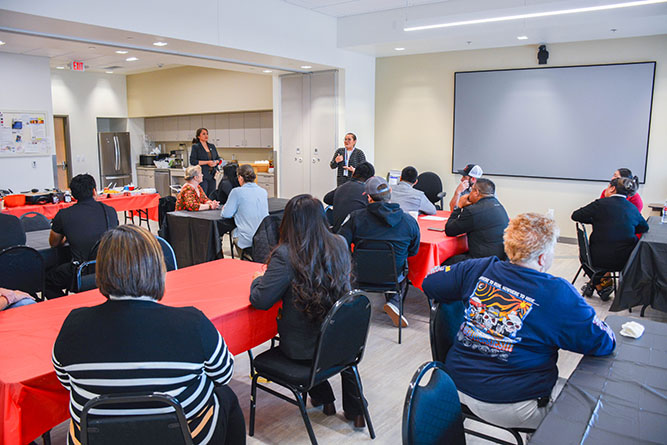 Gallup Police Chief Erin Toadlena-Pablo speaks during a celebration luncheon hosted by the police department in honor of UNM-Gallup alum Amy Anderson on May 6, 2025.