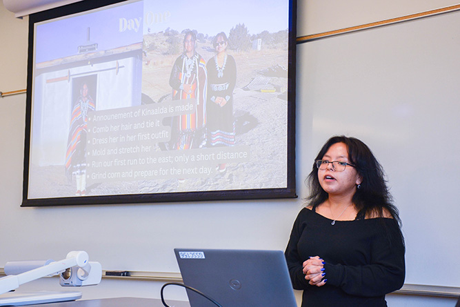 Student Ryanelle Velarde delivers a presentation on a traditional Navajo ceremony during the Professional and Technical Communication class at The University of New Mexico-Gallup on May 6, 2025.