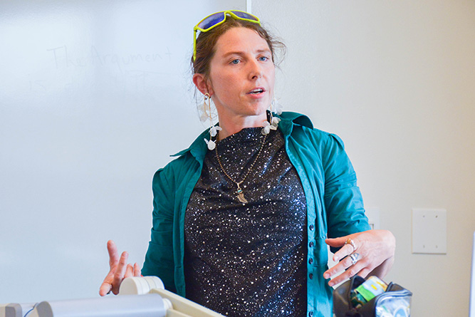 Student Katie Schultz delivers a presentation on Southwest star stories during the Professional and Technical Communication class at The University of New Mexico-Gallup on May 6, 2025.