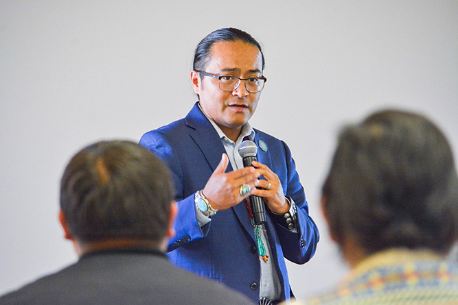 Navajo Nation President Buu Nygren delivers a keynote address on economic development at UNM-Gallup on Wednesday, May 14, 2025.