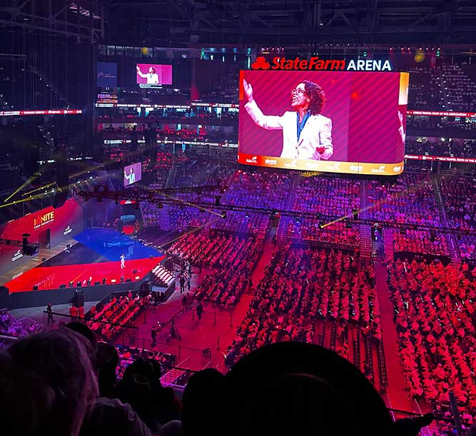 SkillsUSA Executive Director Chelle Travis delivers a speech during the SkillsUSA National Leadership & Skills Conference inside State Farm Arena in Atlanta on June 24, 2025.