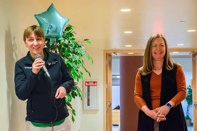Dr. Valory Wangler, left, executive director for Gallup Community Health, speaks during the open house for the new Campus Clinic while Chancellor Dr. Sabrina Ezzell reacts at The University of New Mexico-Gallup on Wednesday, Feb. 11.