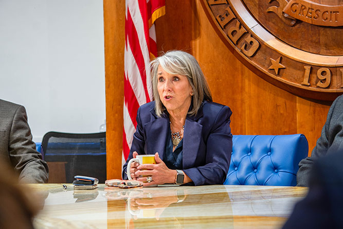 New Mexico Gov. Michelle Lujan Grisham speaks during a meeting with Gallup-McKinley County leaders in Santa Fe on Wednesday, Feb. 4, 2026.