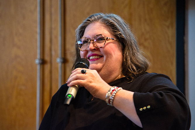 Dr. Nancy J. Hamilton, an associate professor from the University of Arkansas at Little Rock, delivers a lecture in the Calvin Hall Center Auditorium at The University of New Mexico-Gallup on Wednesday, March 25, 2026. Photo by Richard Reyes/UNM-Gallup.