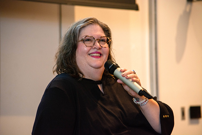 Dr. Nancy J. Hamilton, an associate professor from the University of Arkansas at Little Rock, delivers a lecture in the Calvin Hall Center Auditorium at The University of New Mexico-Gallup on Wednesday, March 25, 2026. Photo by Richard Reyes/UNM-Gallup.