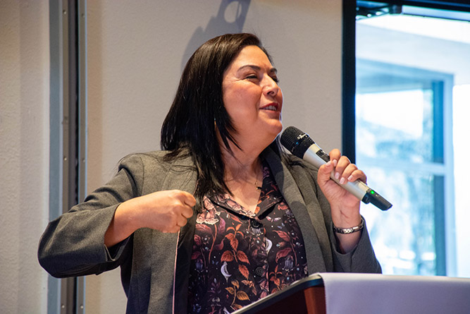 Dr. Patricia Trujillo, the deputy cabinet secretary of the New Mexico Higher Education Department, delivers the opening keynote address of the 2026 Statewide Diversity Summit at The University of New Mexico-Gallup on Friday, April 17, 2026. Photo by Renaldo Fowler/UNM-Gallup.