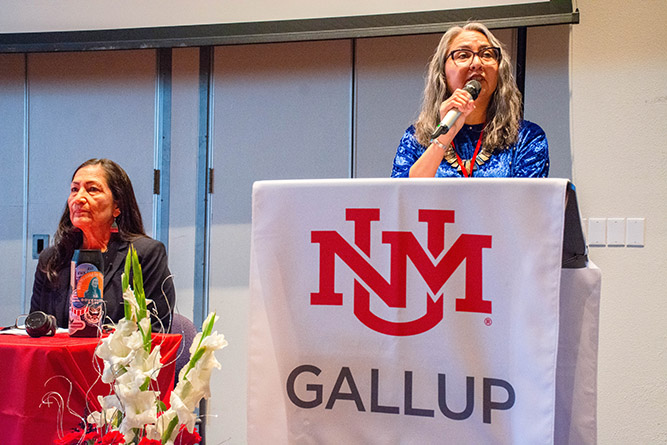 Dr. Aretha Matt, an associate professor at UNM-Gallup, serves as the mistress of ceremonies for former U.S. Interior Secretary Deb Haaland's keynote address during the 2026 Statewide Diversity Summit at The University of New Mexico-Gallup on Saturday, April 18, 2026. Photo by Richard Reyes/UNM-Gallup.
