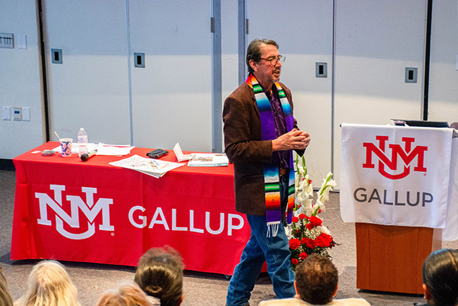 Dr. Eric Romero, the director of Native American/Hispano Cultural Studies at New Mexico Highlands University, delivers a keynote address during the 2026 Statewide Diversity Summit at The University of New Mexico-Gallup on Saturday, April 18, 2026. Photo by Richard Reyes/UNM-Gallup.