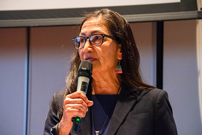 Deb Haaland, former secretary of the U.S. Department of the Interior, delivers a keynote address during the 2026 Statewide Diversity Summit at The University of New Mexico-Gallup on Saturday, April 18. Photo by Richard Reyes/UNM-Gallup.