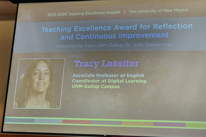 This courtesy photo shows the screen when Tracy Lassiter was recognized for earning The University of New Mexico Teaching Excellence Award for Reflection and Continuous Improvement during a ceremony in Albuquerque on April 8, 2026.