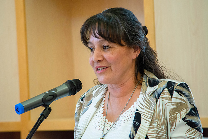 Sadie Acevedo delivers a speech during the 2026 Adult Basic Education Graduation Ceremony in Zollinger Library at The University of New Mexico-Gallup on April 28, 2026.