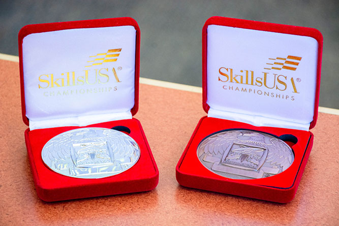 This June 16, 2026, photo shows the silver and bronze medals won by the UNM-Gallup SkillsUSA Chapter inside Zollinger Library at The University of New Mexico-Gallup.