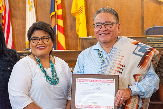 Karessa Kee and Joe Kee pose for photo in the Navajo Nation Council Chambers in Window Rock, Arizona, on Wednesday, July 22, 2026.