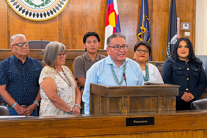 UNM-Gallup Interim Dean of Instruction Joe Kee gives a speech during his recognition ceremony inthe Navajo Nation Council Chambers in Window Rock, Arizona, on Wednesday, July 22, 2026.
