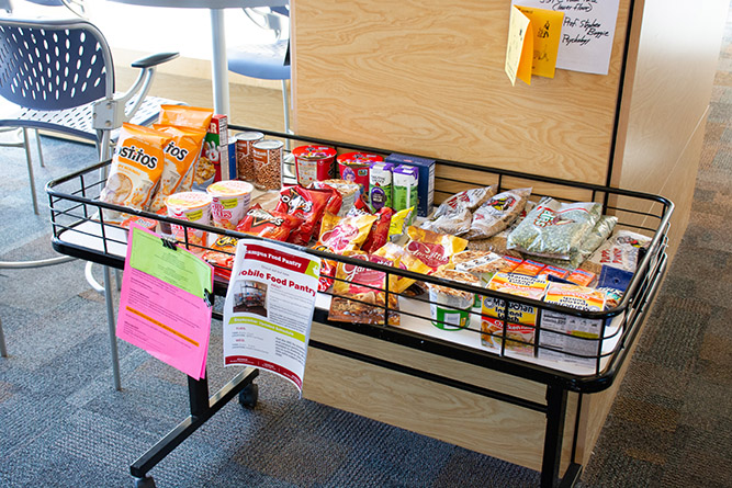 This Oct. 6, 2026, photo shows the mobile food pantry's items located inside the Student Services and Technology Center at The University of New Mexico-Gallup.