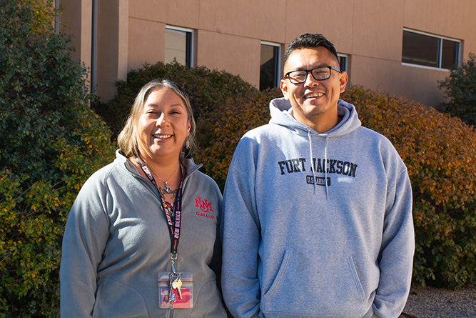 Accommodations Specialist Shana Arviso and UNM-Gallup student Jesse Desiderio pose for a photo at The University of New Mexico-Gallup on Tuesday, Oct. 6, 2026.